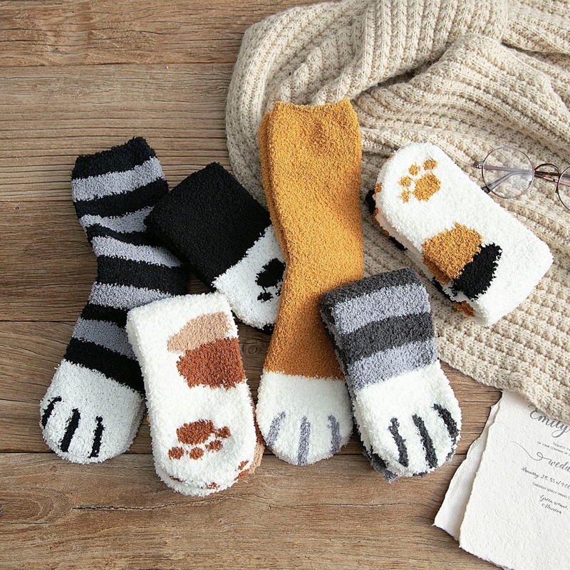 ՞•ﻌ•՞現貨 可愛貓爪毛絨睡眠襪 中筒長襪 秋冬保暖襪 室內襪 襪子 冬季加厚珊瑚絨襪子 冬天暖暖襪
