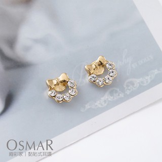 絢彩家【OSMAR】閃閃水鑽蝴蝶結小花環 無耳洞黏貼式耳環 附10對貼紙補充包 貼耳式