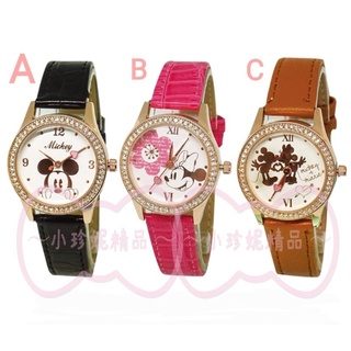 ~小珍妮精品～迪士尼 Disney 經典 米奇 米妮 玫瑰金 水晶鑽 時尚 皮帶錶 手錶 穿戴舒適 鑽錶 手錶