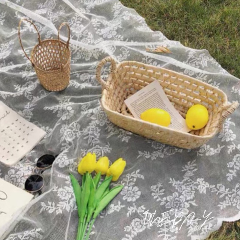 ONEDAY ✨法式復古簍空網紗 野餐墊 白色玫瑰 蕾絲桌布 野餐布 背景布 門簾 遮光布