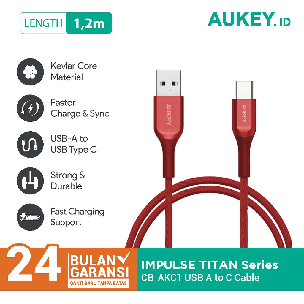 C 型 Aukey CB-AKC1 QC 2.0 Kevlar 電纜 1.2M 紅色 500447