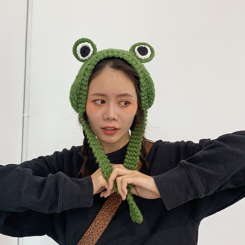Funnymall Ins甜美可愛針織毛線帽秋冬青蛙帽子頭套女潮賣萌頭飾手工編織帽 蝦皮購物