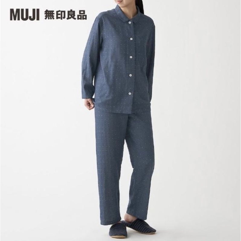 [轉賣］全新 【MUJI 無印良品】女有機棉無側縫二重紗織家居睡衣L~XL(深藍紋樣)