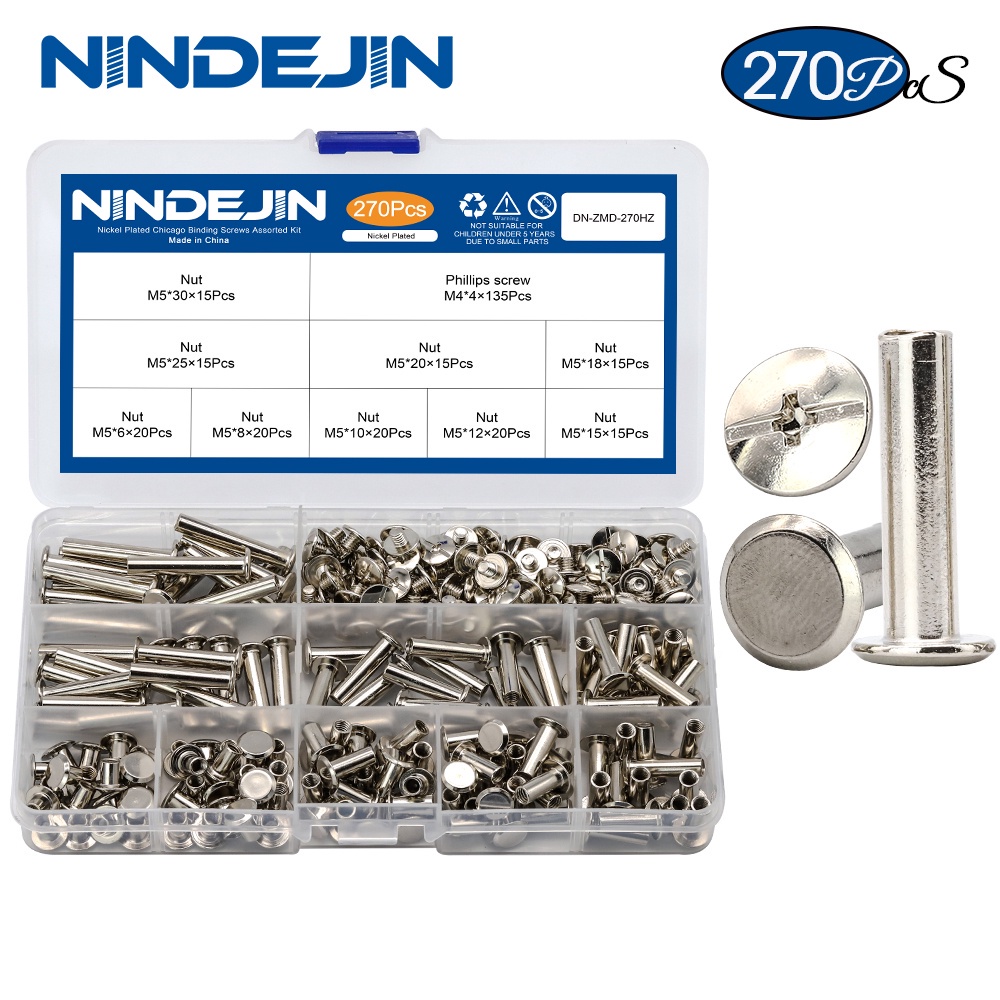 NINDEJIN 270PCS碳鋼對鎖子母螺絲字母鉚釘套裝盒裝工字相冊賬本螺絲M5
