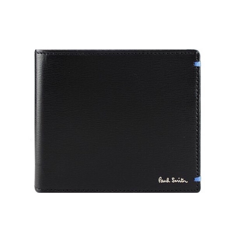全新日本專櫃正品Paul Smith 黑藍色雙色設計全牛皮男用短夾 附零錢袋 專櫃盒裝