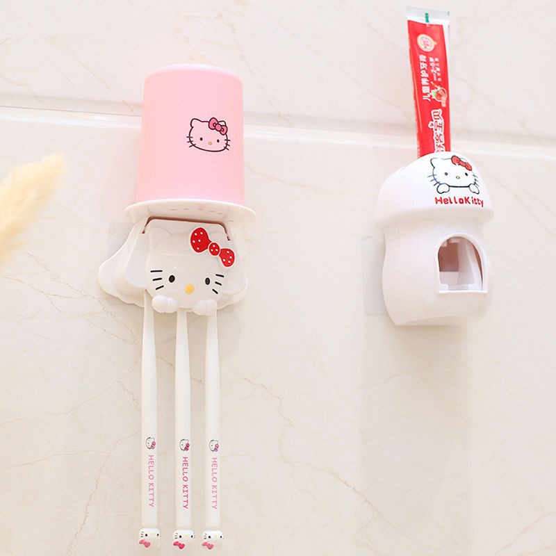 【寶寶專用】Kitty牙刷置物架刷牙杯洗漱口杯套裝免打孔卡通可愛自動擠牙膏器