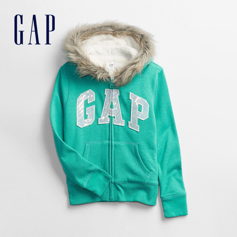 Gap 女童裝 Logo亮片仿羊毛邊連帽外套-藍綠色(499599)