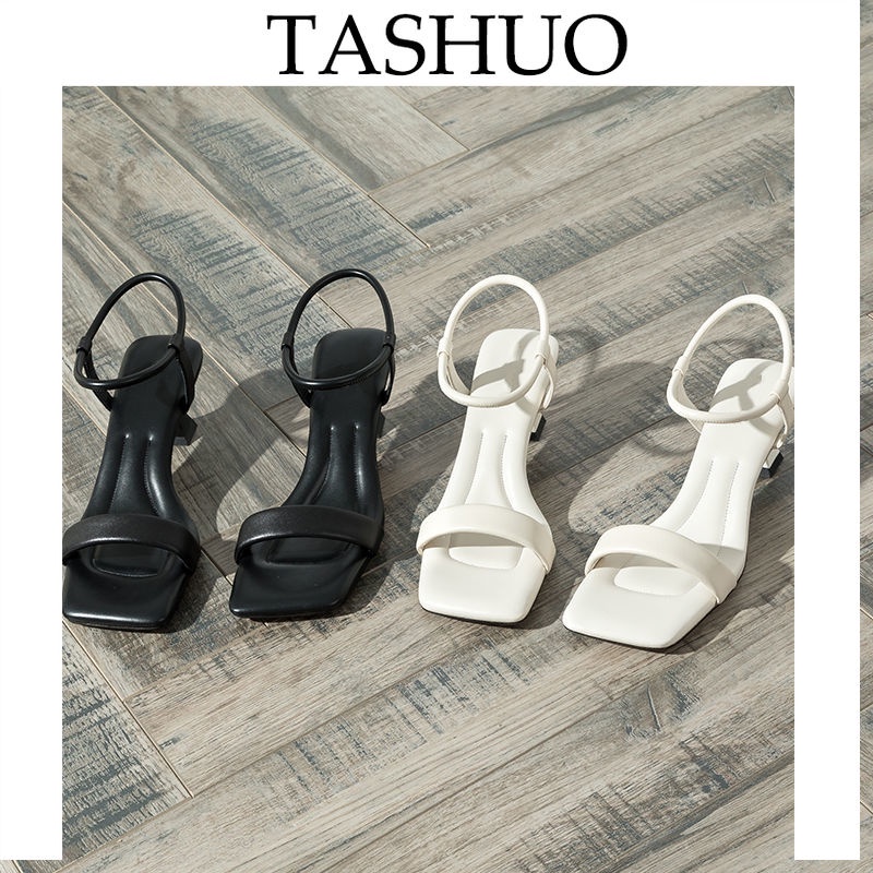 Image of TASHUO 一字帶涼鞋女2022夏新款歐洲站百搭黑色露趾真皮高跟鞋女細跟5cm #0