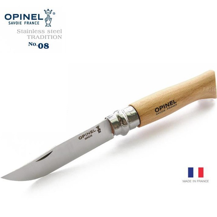OPINEL法國製不鏽鋼折刀/櫸木刀柄+皮套組合/露營小刀/野外折刀 No.08 OPI 001089