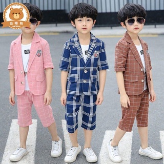 男童西裝 男童禮服 男童夏裝套裝兒童禮服夏季小西裝三件套男孩棉麻短袖韓版寶寶西服