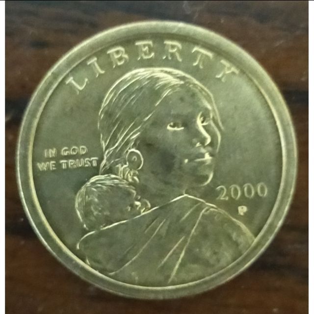 美國錢幣 2000年發行 P鑄記 美國第一枚金色 美金1元錢幣 2000-P Coin 直徑2.5UNC品項未使用帶光