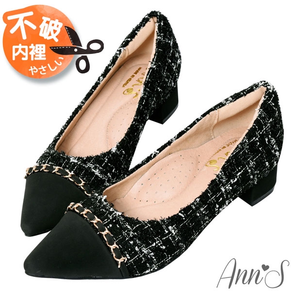 Ann’S優雅訂製款-異材質拼接毛呢金鍊粗跟尖頭鞋3.5cm-黑(版型偏小)