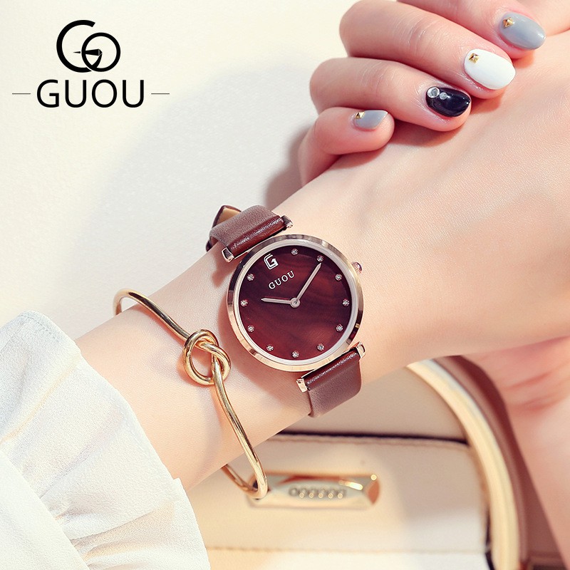 古歐/GUOU 8187皮帶 手表女士貝殼面氣質簡約無秒針鑲鑽真皮女款石英手表女 women's watch