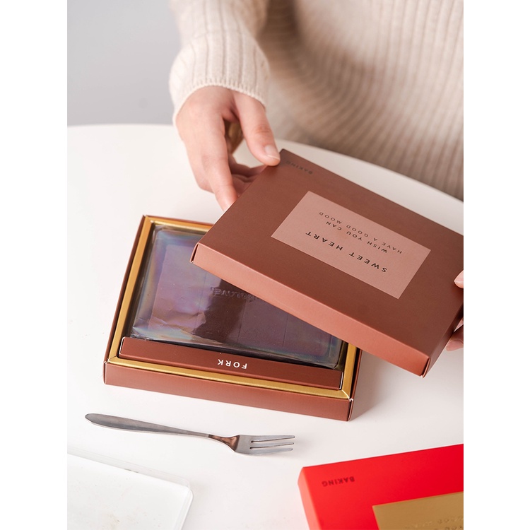 AM好時光【M470】燙金生巧克力盒 附刀叉盒+透明蓋內盒+平口包裝袋 5組入❤DIY情人節禮物 手工甜點盒
