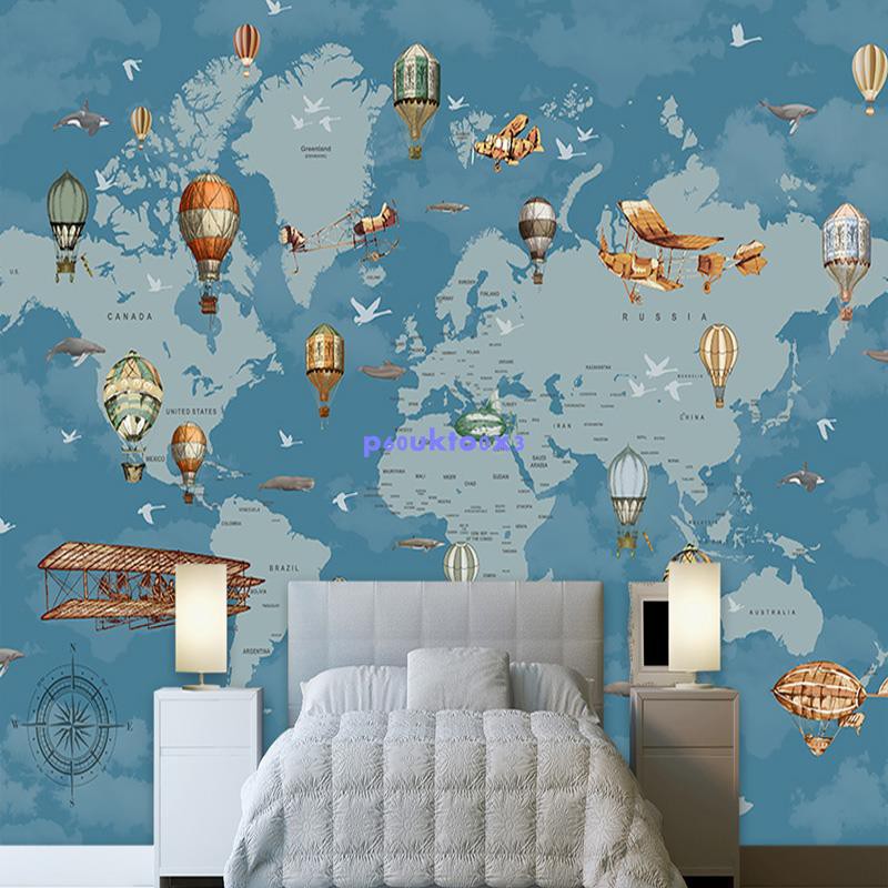 兒童房壁紙背景墻熱氣球卡通世界地圖男童臥室墻紙壁紙無紡布壁畫 蝦皮購物