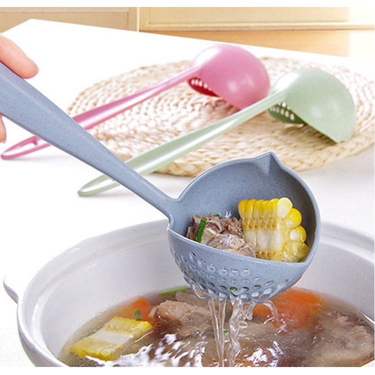 廚房小麥秸稈可漏二合一湯勺+漏勺  多用途耐高溫過濾網勺火鍋撈勺