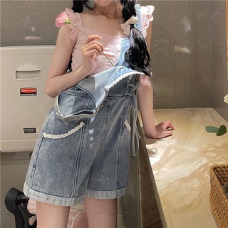 復古雷絲花邊牛仔背帶短褲女學生夏季寬鬆直筒高腰腿褲子