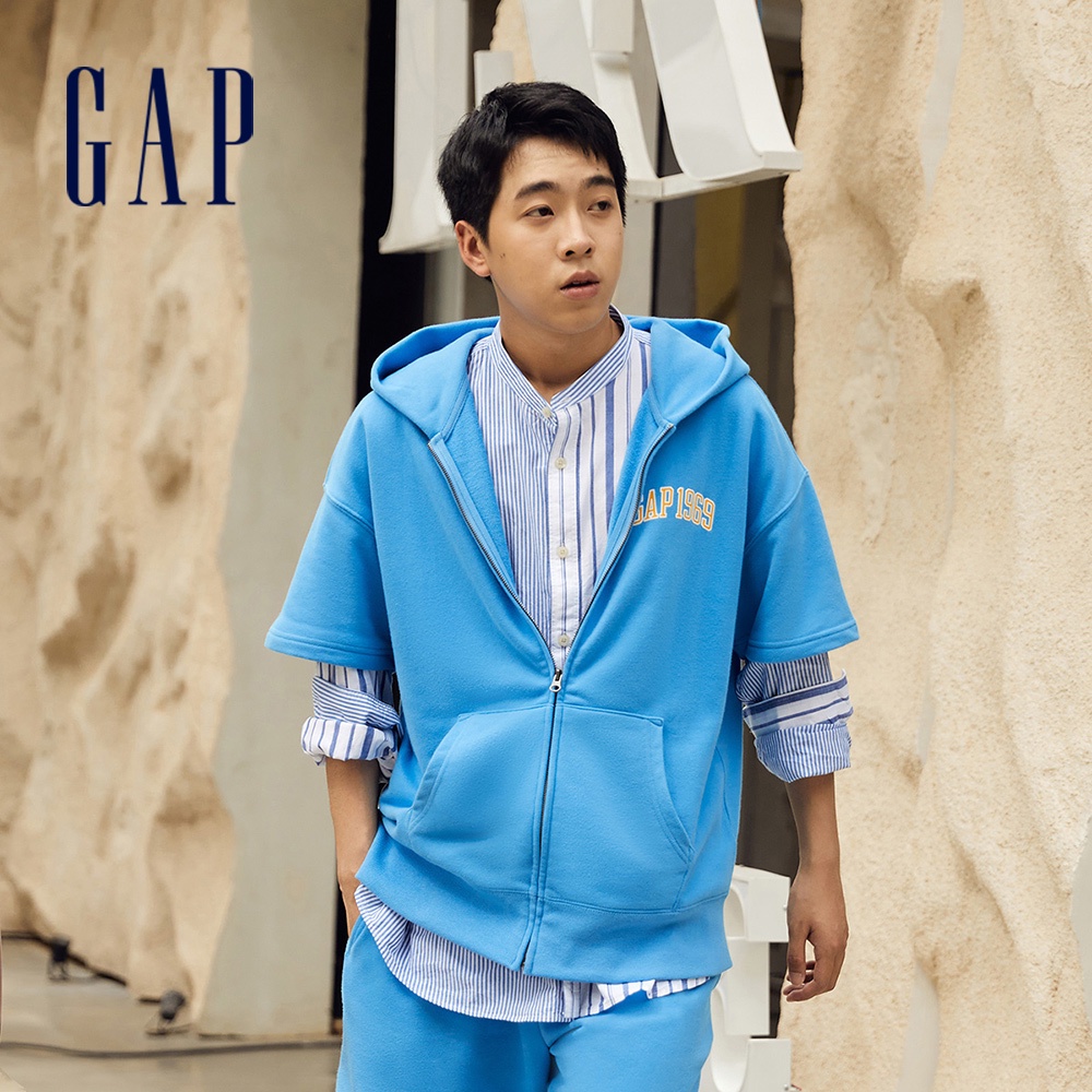 Gap 男女同款 Logo短袖連帽外套 碳素軟磨法式圈織系列-藍色(882287)