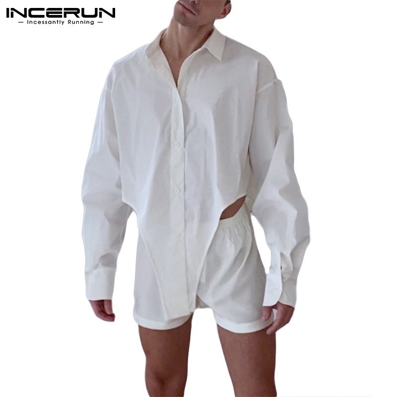 INCERUN男士歐美風特別設計長袖襯衫+短褲時尚2件套