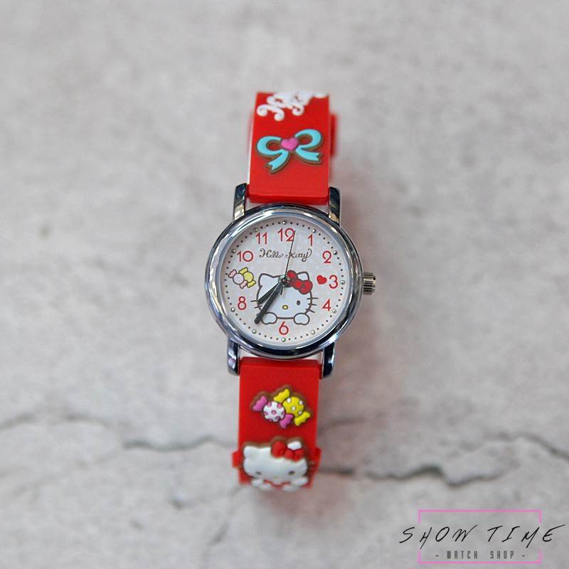 Hello Kitty 數字時刻可愛立體錶帶造型女孩腕錶-紅橡膠帶/白面銀 KT015LWRR [ 秀時堂 ]