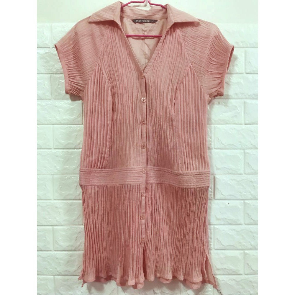 【二手】PLOMBIERE 粉紅色百褶壓褶長版襯衫洋裝