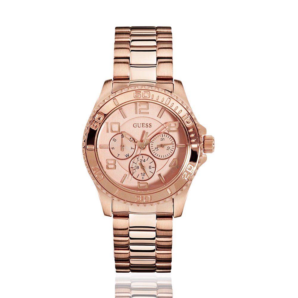 【GUESS】玫瑰金系 三眼日期標示 不鏽鋼錶帶(W0231L4)