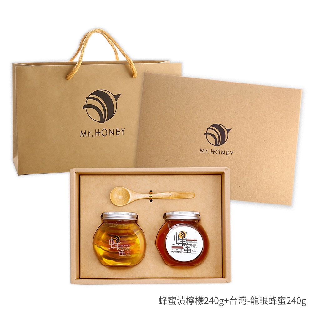 ｜Mr.HONEY 蜂蜜先生｜蜜漬禮盒-蜂蜜漬檸檬240g+台灣-龍眼蜂蜜240g-新年/端午/中秋禮盒 附禮袋