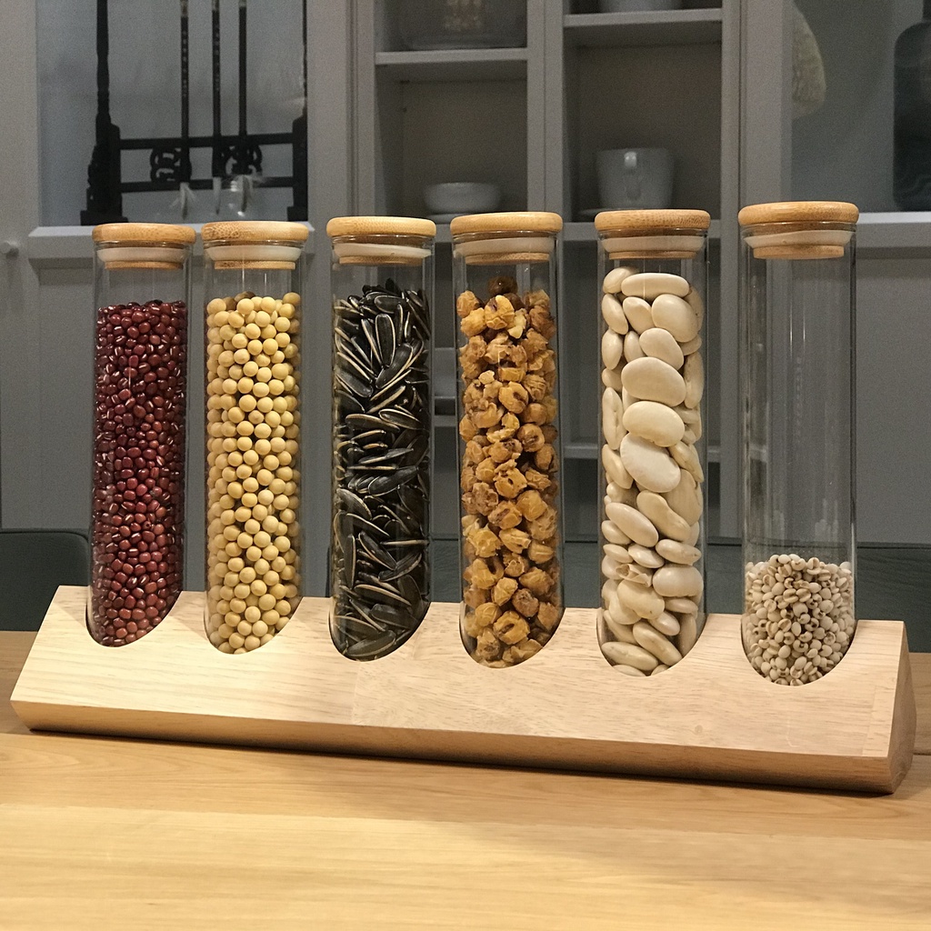 現貨 咖啡豆試管展示架 廚房密封罐豆類儲存陳列架玻璃瓶創意實木收納 咖啡用品配件