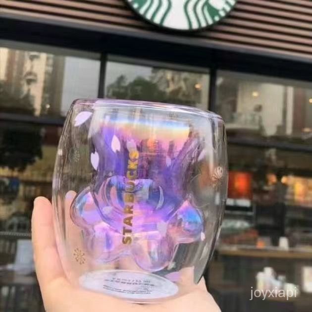 Starbucks/星巴克貓爪杯咖啡杯飲料杯雙層玻璃杯粉紅櫻花防燙玻璃杯生日禮物貓掌杯