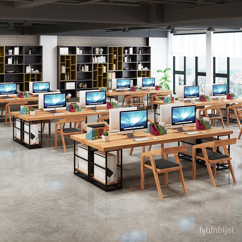 茗軒【電腦桌】LOFT工業風職員辦公桌4人工位 辦公室簡約實木電腦辦公桌椅組合