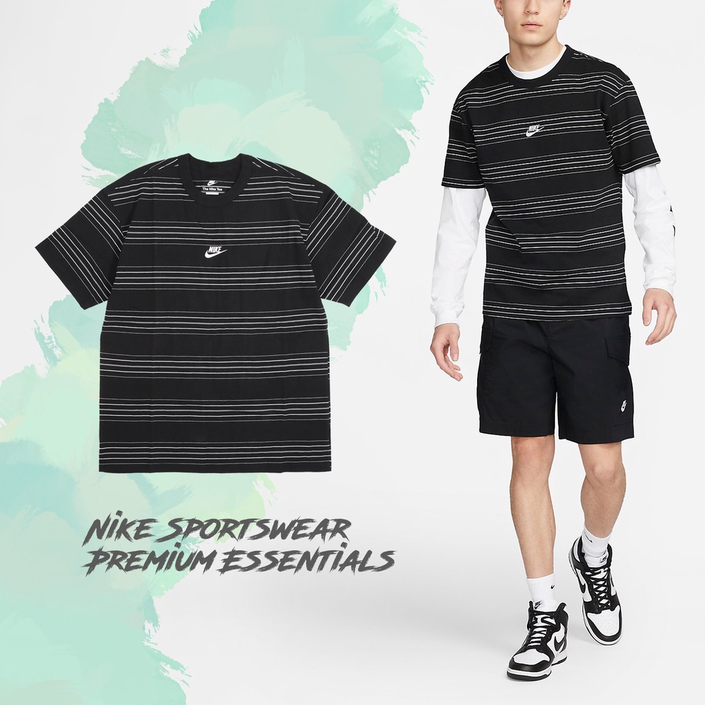 Nike 短袖 NSW 男款 黑 短T 條紋 刺繡 重磅 寬鬆 基本款【ACS】 DQ1117-010