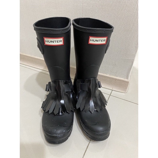 Hunter 雨靴/女靴 黑色流蘇中筒雨鞋/雨靴（流蘇可拆）37