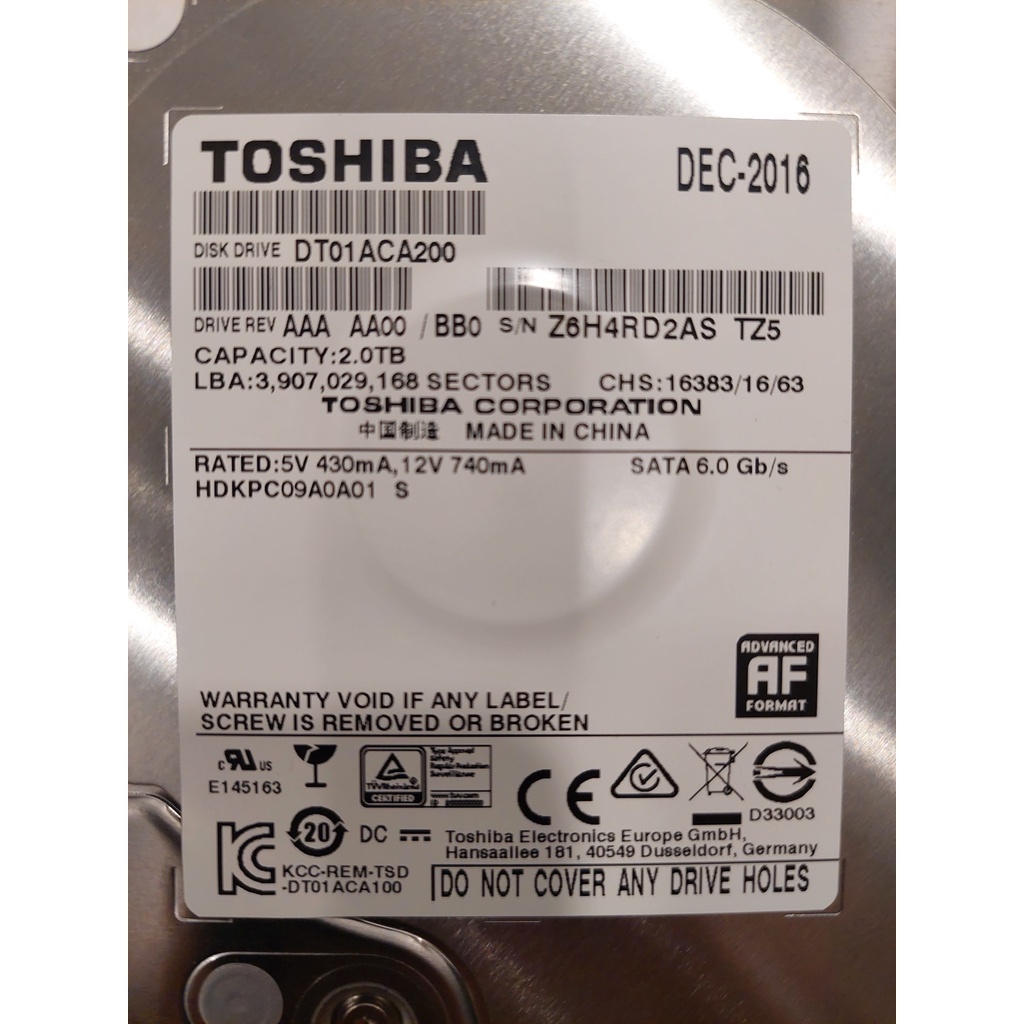 Toshiba | 3.5吋 HDD 硬碟 | DT01ACA200 | 2TB | 2016 | 二手