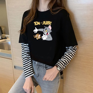 假兩件套t恤 長袖T恤 女秋季新款原宿風ins學生百搭甜美寬鬆韓版長袖上衣女