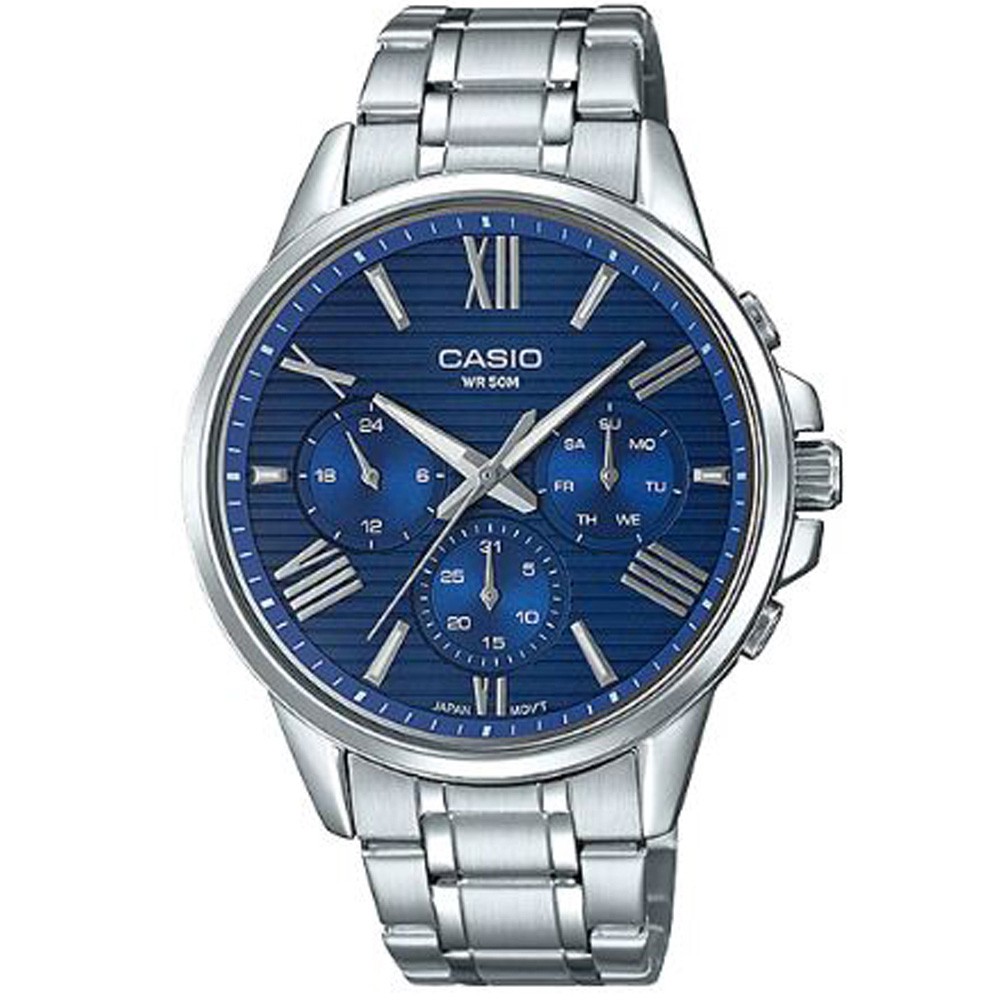 【CASIO】條紋時尚三眼三針羅馬紳士不鏽鋼腕錶-黑面(MTP-EX300D-2A)正版宏崑公司貨