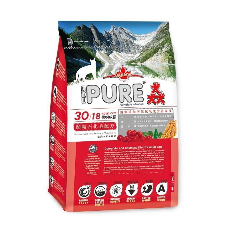 【旺旺屋】 PURE30 猋 挑嘴成貓飼料7公斤/ 7kg貓料/貓糧(泌尿健康化毛配方)含蔓越莓.人參.綠茶