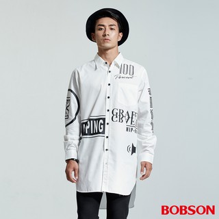 BOBSON 男款長型寬版印圖白色襯衫 35048-80