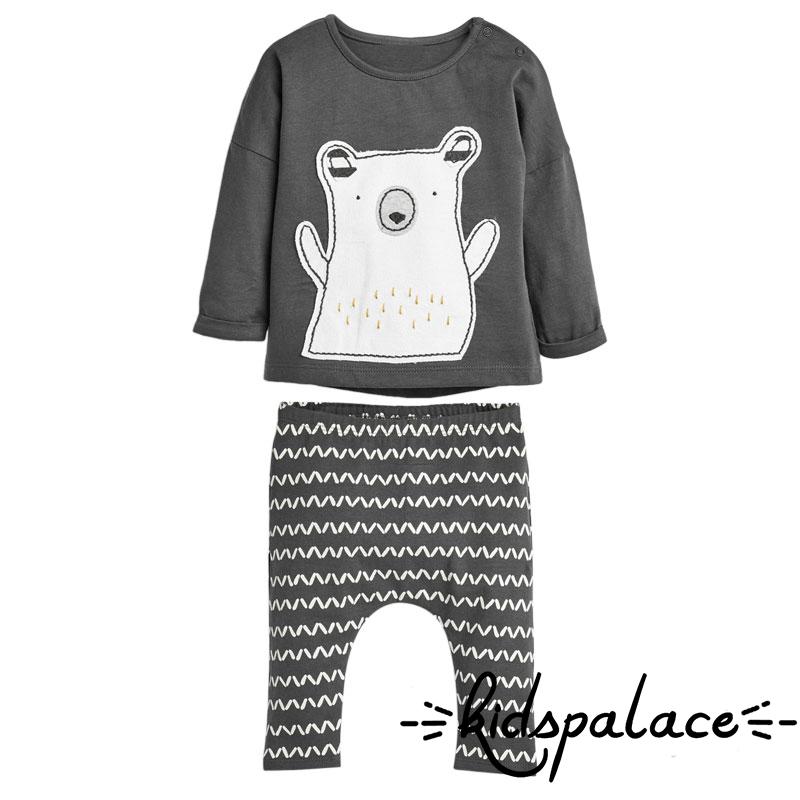 q 男女皆宜的男嬰女孩服裝套裝長袖北極熊印花上衣 鬆緊腰褲 灰色 蝦皮購物