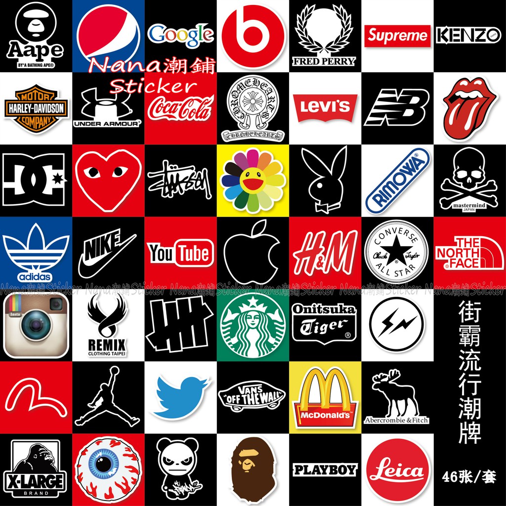 🎀Nana潮鋪🎀WT002 46枚 亮面套裝 個性潮牌logo貼紙 個性潮牌PVC防水潮流安全帽行李箱吉他 3007 | 蝦皮購物