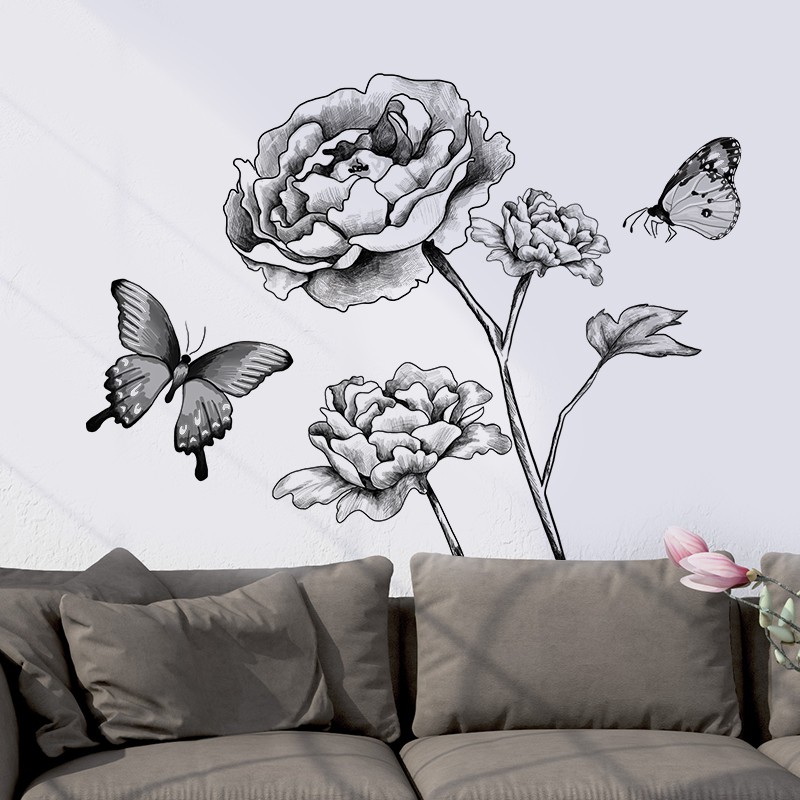 熱賣商品 3d立体素描黑白牡丹花贴纸墙贴沙发背景墙装饰品自粘墙纸贴画素雅 蝦皮購物