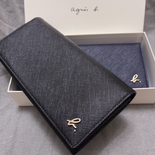 全新 agnes b 新版 草寫b 黑色 防刮 牛皮 真皮 皮革 扣式 翻蓋 信封式 長夾 皮夾 錢包 女用 正品 小b