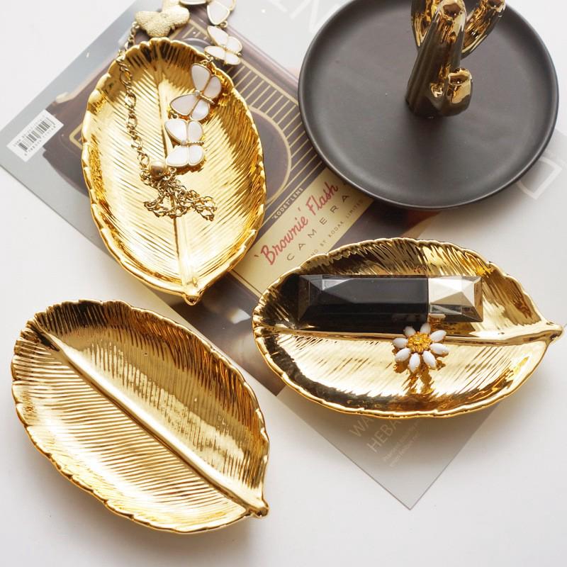 金色葉子陶瓷收納盤 金色樹葉首飾盤 乾果碟 家居桌面擺件