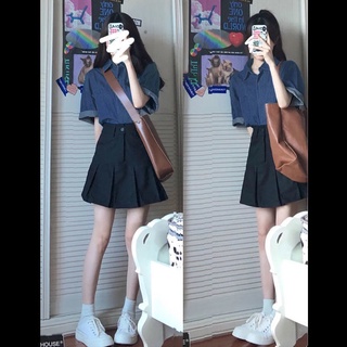 SLEEP-兩件套裝/單件學院風鹽甜俏皮少女牛仔襯衫夏季短袖上衣+百褶裙