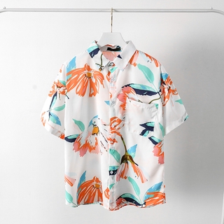 【M-3XL】2021新款ins超火潮牌日系帥氣 五分袖短袖襯衣短袖男 夏威夷休閒度假風 花襯衫半袖BF風男生衣著