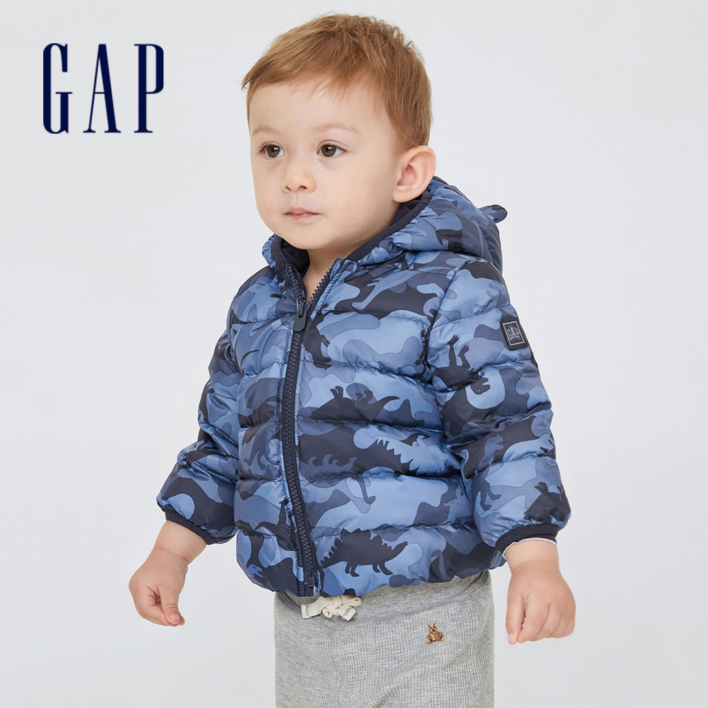 Gap 嬰兒裝 防雨印花3D熊耳羽絨外套 大絨朵羽絨系列-藍色迷彩(400271)
