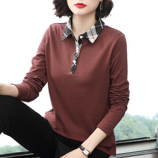 Polo 女士長袖寬松T恤 春秋新款POLO領中年媽媽大碼休閑純棉T恤 小衫