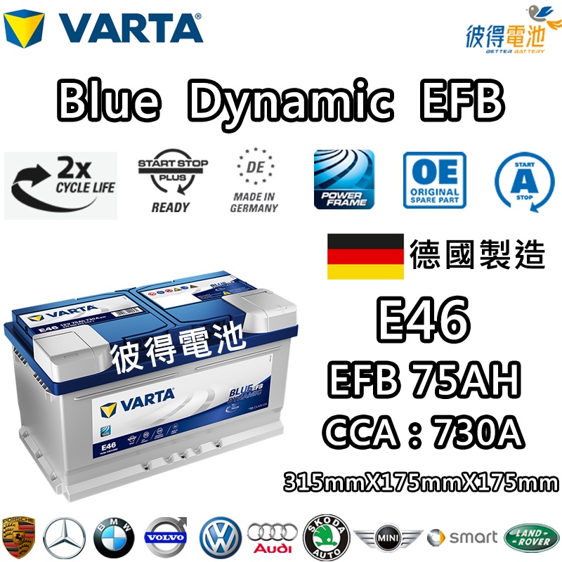 德國VARTA華達 E46 EFB 75AH LBN4汽車電瓶 怠速熄火車 Start-Stop 德國製造電池