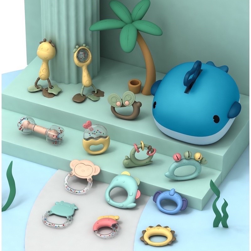 【二手現貨】🚼 鯨魚🐳 11件組+支架 固齒器 安撫玩具 幼兒玩具 手搖鈴 牙膠玩具 嬰兒玩具 玩具禮盒 收納盒