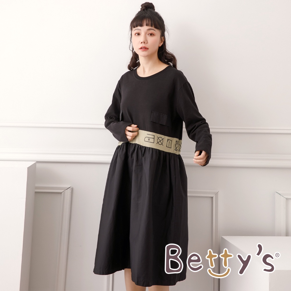 betty’s貝蒂思(05)圓領拼布印花長版洋裝(黑色)