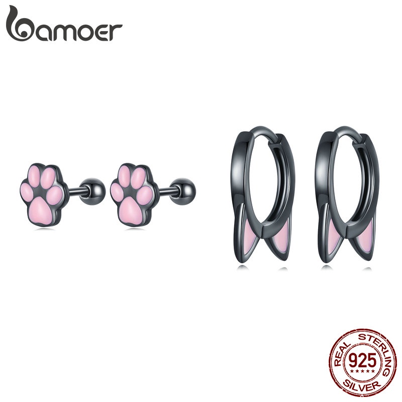 Bamoer 耳環 925 銀韓國黑貓耳夾式耳釘時尚配飾
